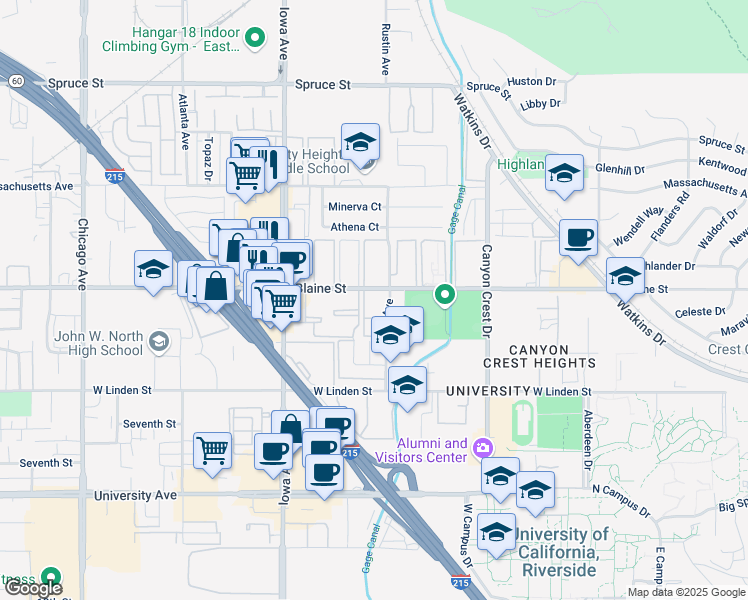 map of restaurants, bars, coffee shops, grocery stores, and more near 1130 West Blaine Street in Riverside