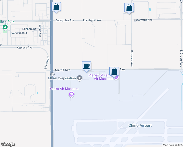map of restaurants, bars, coffee shops, grocery stores, and more near 7187-7699 Merrill Avenue in Chino
