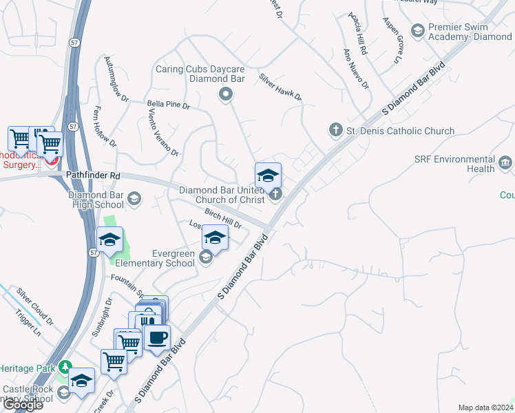 map of restaurants, bars, coffee shops, grocery stores, and more near 21755 Laurelrim Drive in Diamond Bar