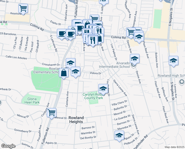 map of restaurants, bars, coffee shops, grocery stores, and more near 2005 Duenas Drive in Rowland Heights