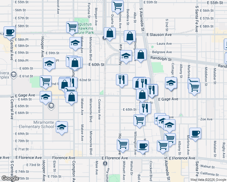 map of restaurants, bars, coffee shops, grocery stores, and more near 1736 East 63rd Street in Los Angeles
