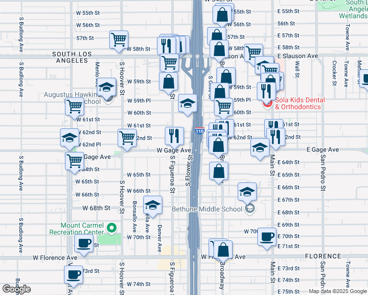 map of restaurants, bars, coffee shops, grocery stores, and more near 419 West Gage Avenue in Los Angeles