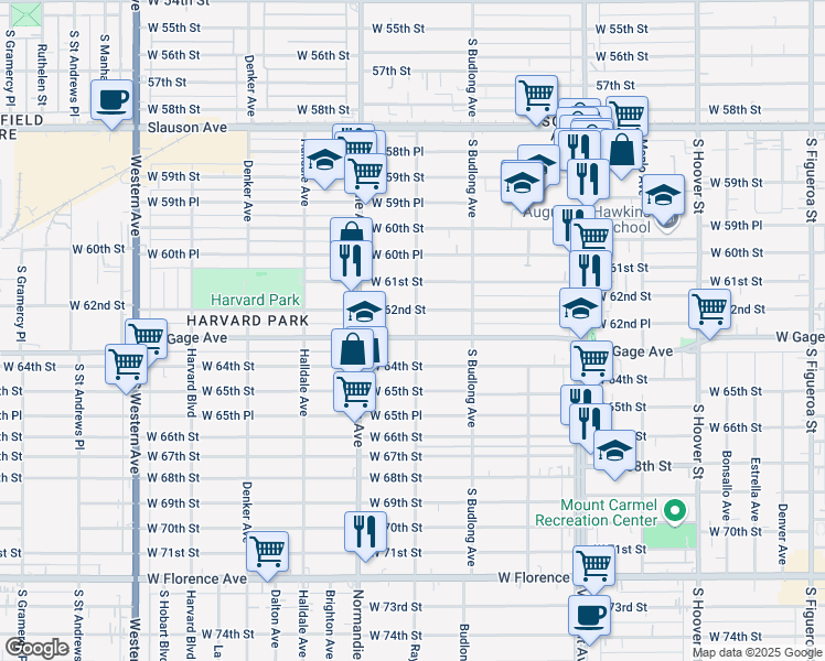 map of restaurants, bars, coffee shops, grocery stores, and more near 1249 West Gage Avenue in Los Angeles