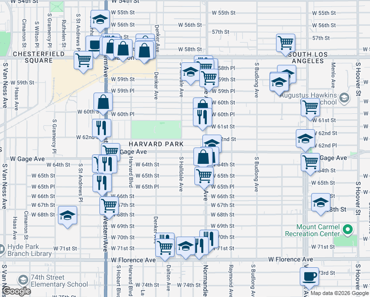 map of restaurants, bars, coffee shops, grocery stores, and more near 1449 West Gage Avenue in Los Angeles