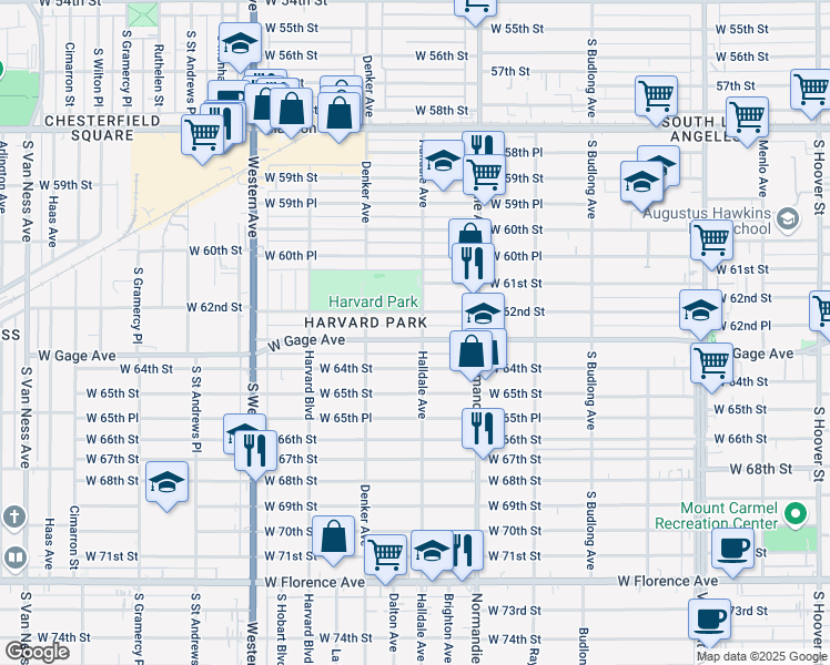 map of restaurants, bars, coffee shops, grocery stores, and more near 1449 West Gage Avenue in Los Angeles