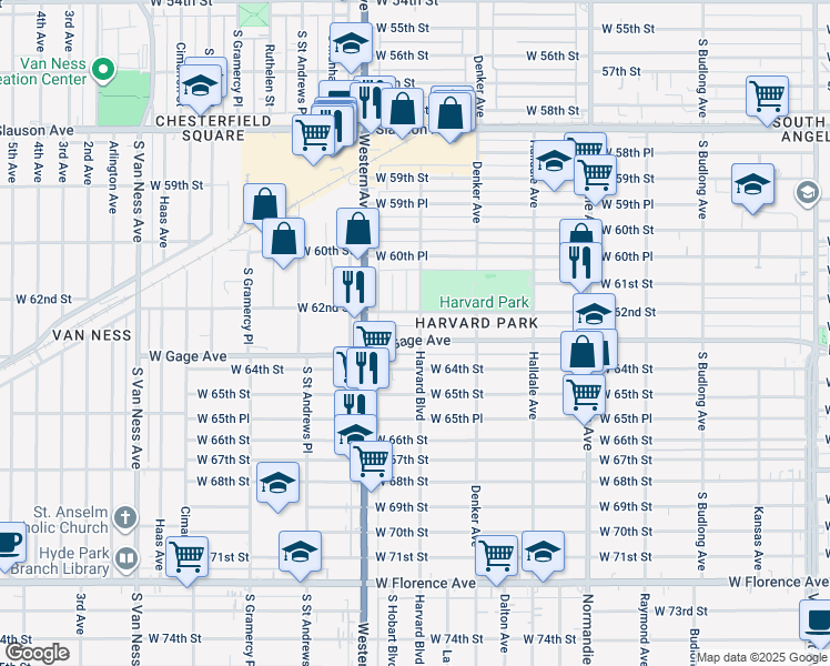 map of restaurants, bars, coffee shops, grocery stores, and more near 1655 West Gage Avenue in Los Angeles