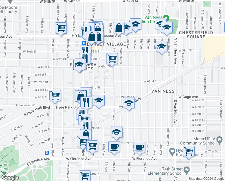map of restaurants, bars, coffee shops, grocery stores, and more near 6315 Madden Avenue in Los Angeles