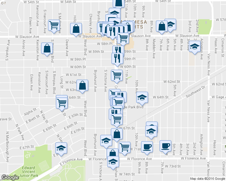 map of restaurants, bars, coffee shops, grocery stores, and more near 6310 South Victoria Avenue in Los Angeles
