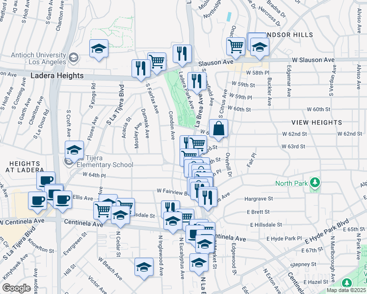 map of restaurants, bars, coffee shops, grocery stores, and more near 6253 South La Brea Avenue in Los Angeles