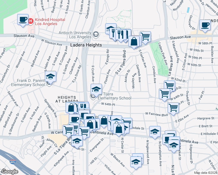 map of restaurants, bars, coffee shops, grocery stores, and more near 6266 La Tijera Boulevard in Los Angeles