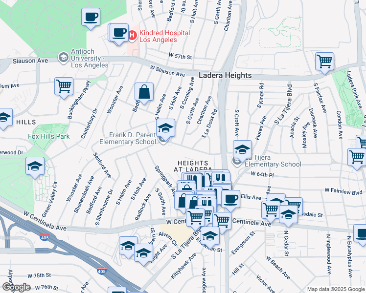 map of restaurants, bars, coffee shops, grocery stores, and more near 5318 West 64th Street in Inglewood
