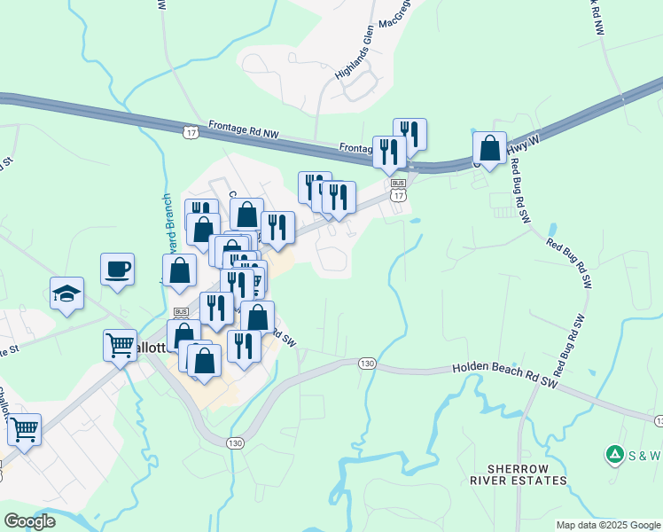 map of restaurants, bars, coffee shops, grocery stores, and more near 16 Birch Pond Drive in Shallotte