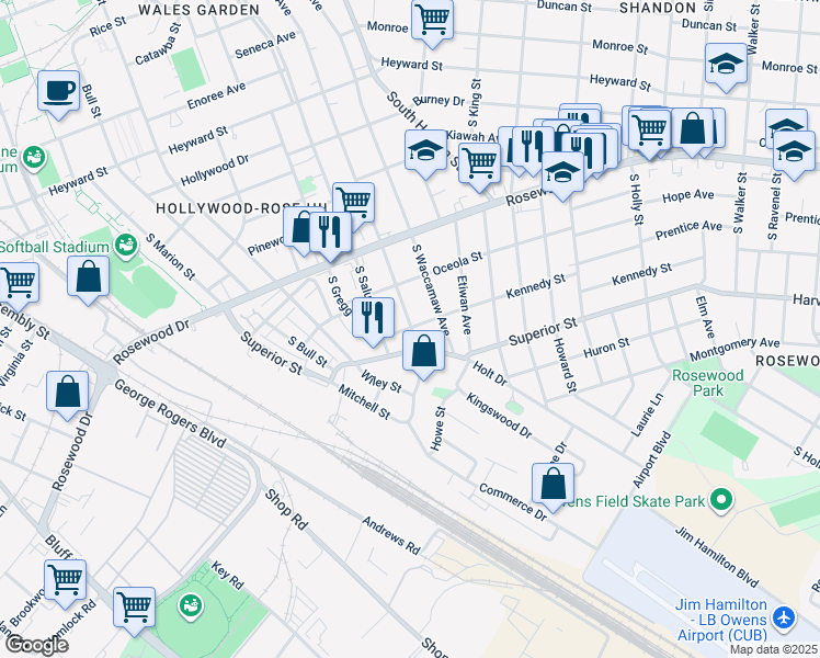 map of restaurants, bars, coffee shops, grocery stores, and more near 602 South Edisto Avenue in Columbia