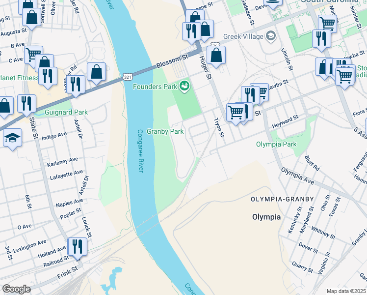 map of restaurants, bars, coffee shops, grocery stores, and more near 824 Catawba Circle in Columbia