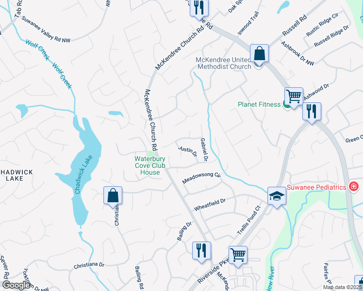 map of restaurants, bars, coffee shops, grocery stores, and more near 1509 Justin Drive in Lawrenceville