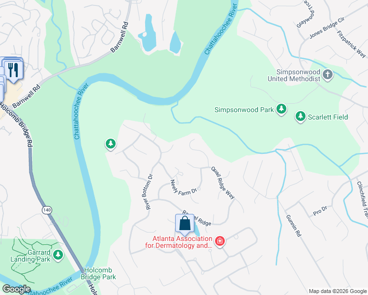 map of restaurants, bars, coffee shops, grocery stores, and more near 4380 Loblolly Trail in Norcross