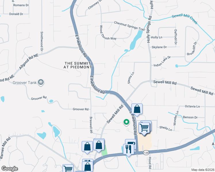 map of restaurants, bars, coffee shops, grocery stores, and more near 1278 East Piedmont Road in Marietta