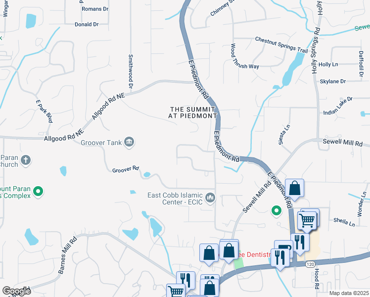 map of restaurants, bars, coffee shops, grocery stores, and more near 1124 Promontory Drive in Marietta