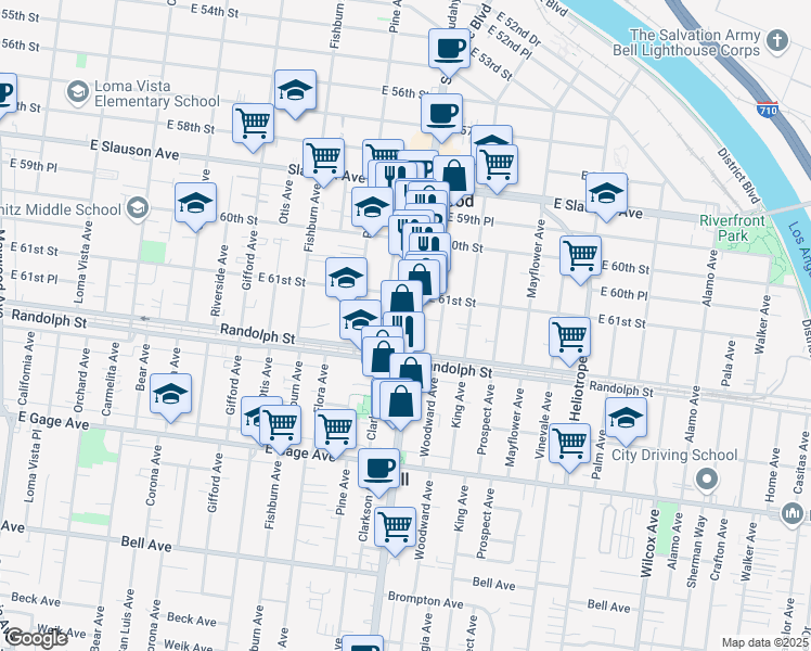 map of restaurants, bars, coffee shops, grocery stores, and more near 6135 Atlantic Boulevard in Maywood