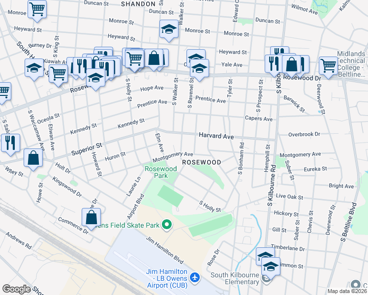 map of restaurants, bars, coffee shops, grocery stores, and more near 624 Wando Street in Columbia