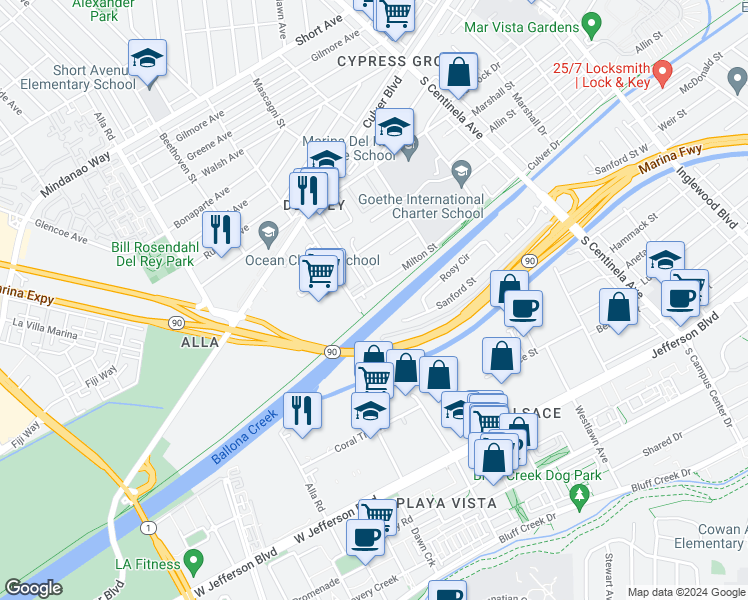 map of restaurants, bars, coffee shops, grocery stores, and more near 5016 Kelly Street in Los Angeles