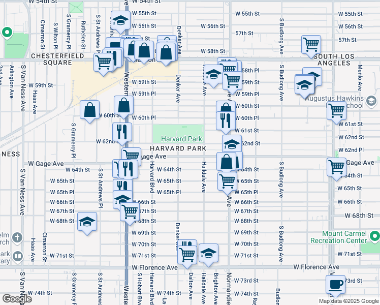 map of restaurants, bars, coffee shops, grocery stores, and more near 1535 West Gage Avenue in Los Angeles