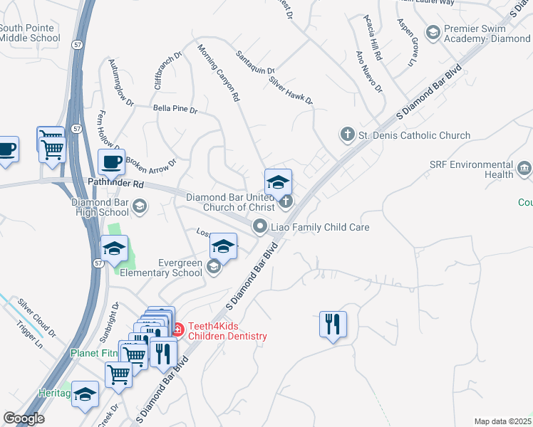 map of restaurants, bars, coffee shops, grocery stores, and more near in Pomona