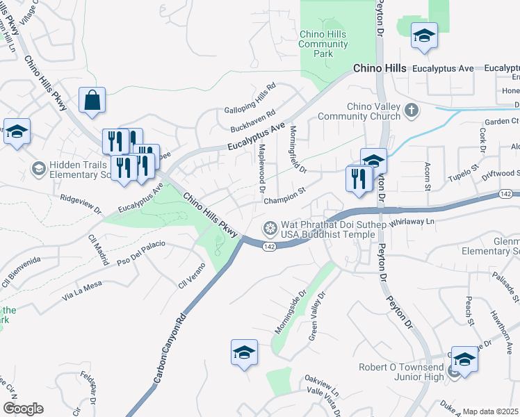 map of restaurants, bars, coffee shops, grocery stores, and more near 14903 Manor Court in Chino Hills