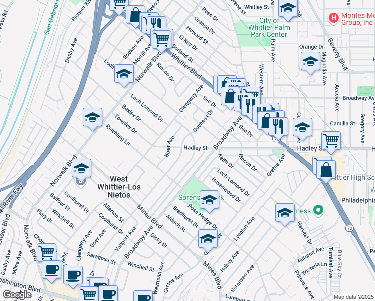 map of restaurants, bars, coffee shops, grocery stores, and more near 11212 Hadley Street in Whittier