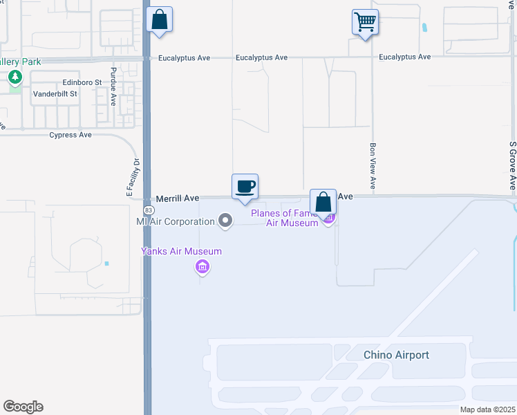 map of restaurants, bars, coffee shops, grocery stores, and more near 7000 Merrill Avenue in Chino