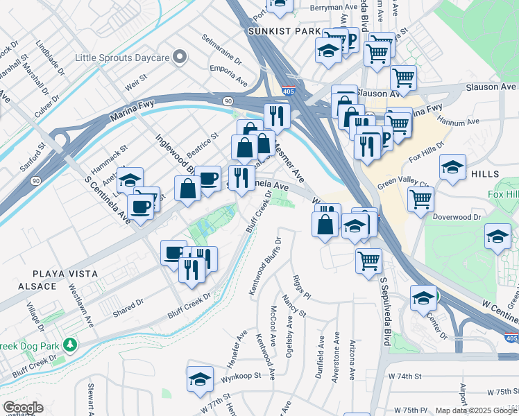 map of restaurants, bars, coffee shops, grocery stores, and more near 12121 West Bluff Creek Drive in Los Angeles