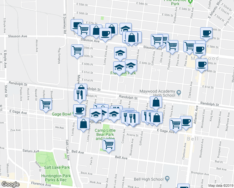 map of restaurants, bars, coffee shops, grocery stores, and more near 6198 Carmelita Avenue in Huntington Park