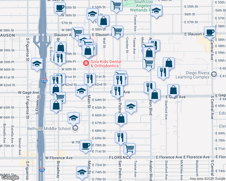 map of restaurants, bars, coffee shops, grocery stores, and more near 233 East Gage Avenue in Los Angeles