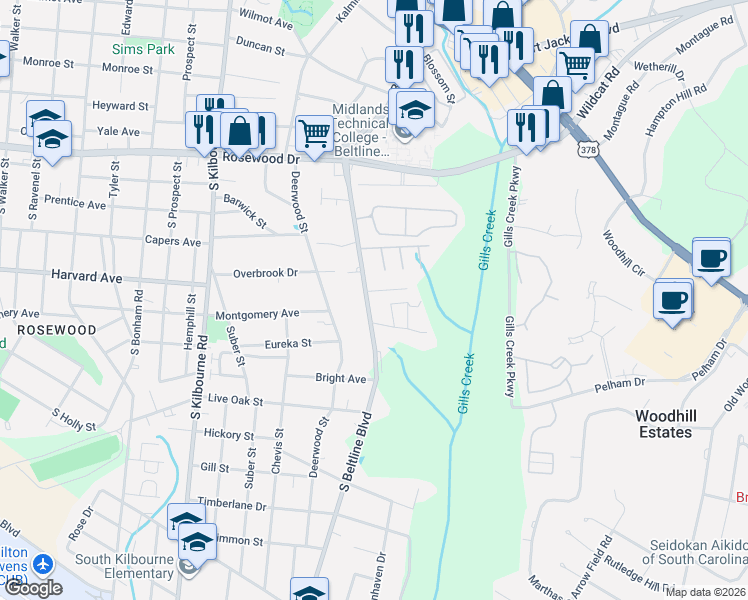 map of restaurants, bars, coffee shops, grocery stores, and more near 612 South Beltline Boulevard in Columbia
