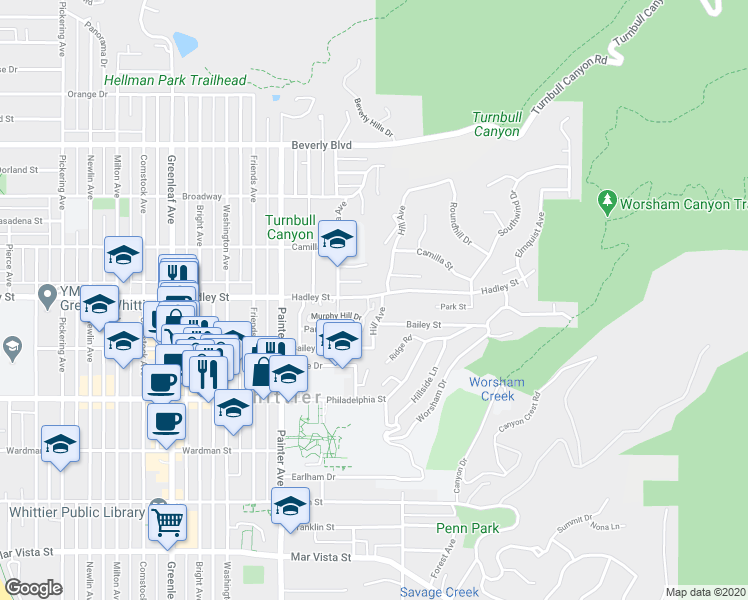 map of restaurants, bars, coffee shops, grocery stores, and more near 6501 Stone Crest Way in Whittier