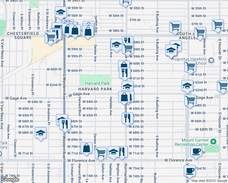 map of restaurants, bars, coffee shops, grocery stores, and more near 1449 West Gage Avenue in Los Angeles