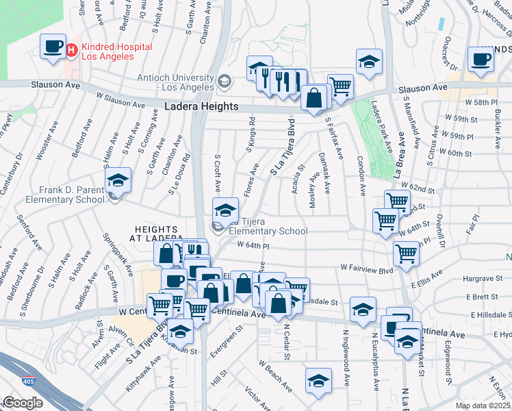 map of restaurants, bars, coffee shops, grocery stores, and more near 6266 La Tijera Boulevard in Los Angeles