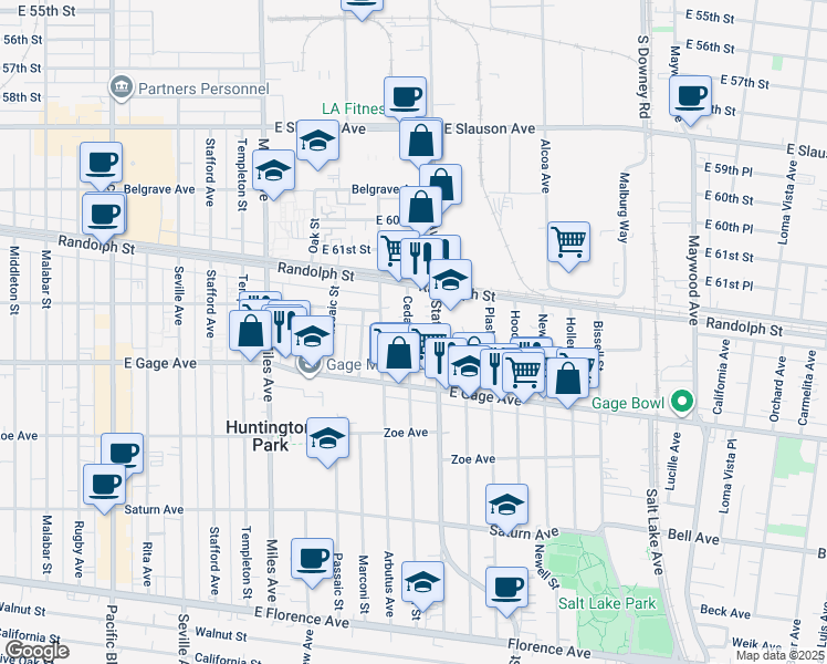 map of restaurants, bars, coffee shops, grocery stores, and more near 6322 Cedar Street in Huntington Park