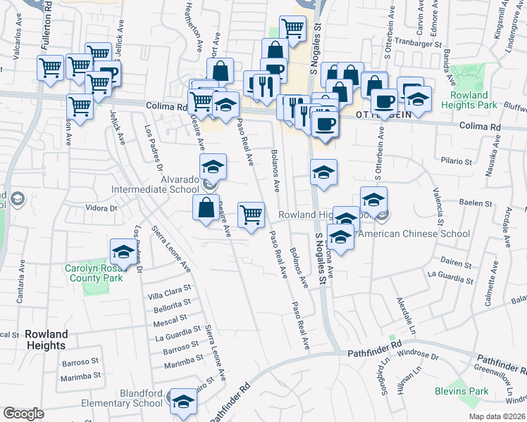 map of restaurants, bars, coffee shops, grocery stores, and more near 18875 Honore Street in Rowland Heights