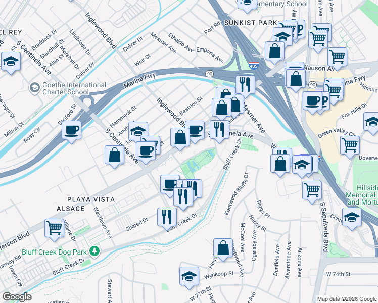 map of restaurants, bars, coffee shops, grocery stores, and more near 12035 West Waterfront Drive in Los Angeles