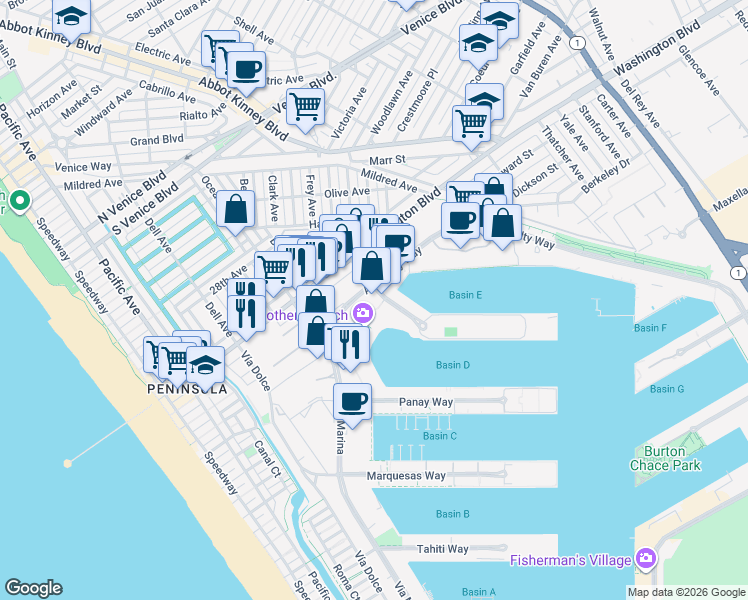map of restaurants, bars, coffee shops, grocery stores, and more near 4175 Admiralty Way in Marina del Rey