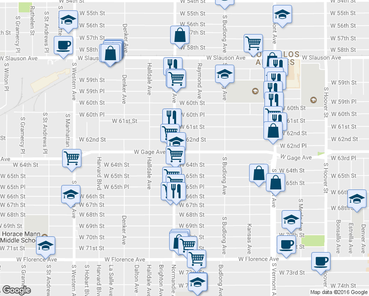 map of restaurants, bars, coffee shops, grocery stores, and more near 1337 West Gage Avenue in Los Angeles