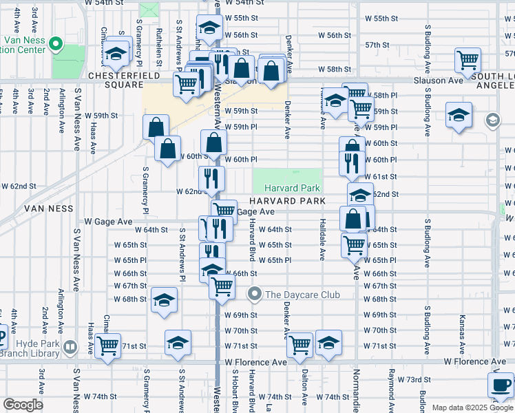map of restaurants, bars, coffee shops, grocery stores, and more near 1655 West Gage Avenue in Los Angeles