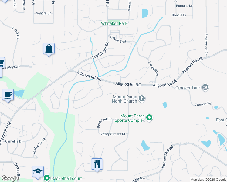 map of restaurants, bars, coffee shops, grocery stores, and more near 1517 Hillhaven Drive in Marietta