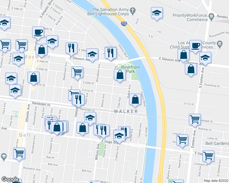 map of restaurants, bars, coffee shops, grocery stores, and more near 5057 East 61st Street in Maywood