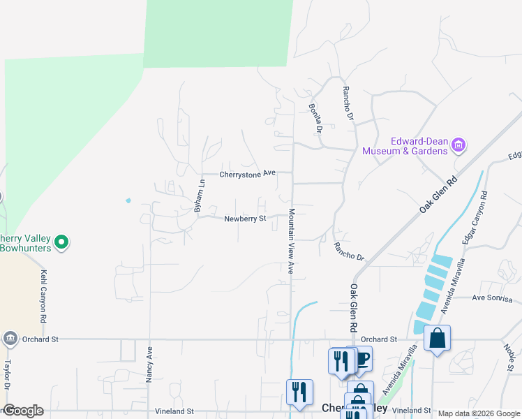 map of restaurants, bars, coffee shops, grocery stores, and more near 38850 Newberry Street in Cherry Valley
