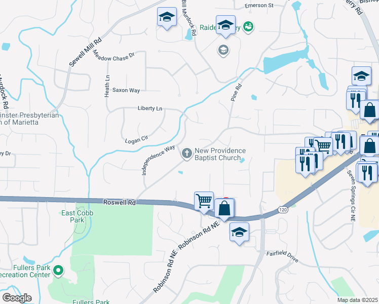 map of restaurants, bars, coffee shops, grocery stores, and more near 3705 Providence Road in Marietta