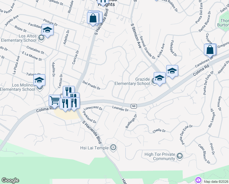 map of restaurants, bars, coffee shops, grocery stores, and more near 15951 Del Prado Dr in Hacienda Heights