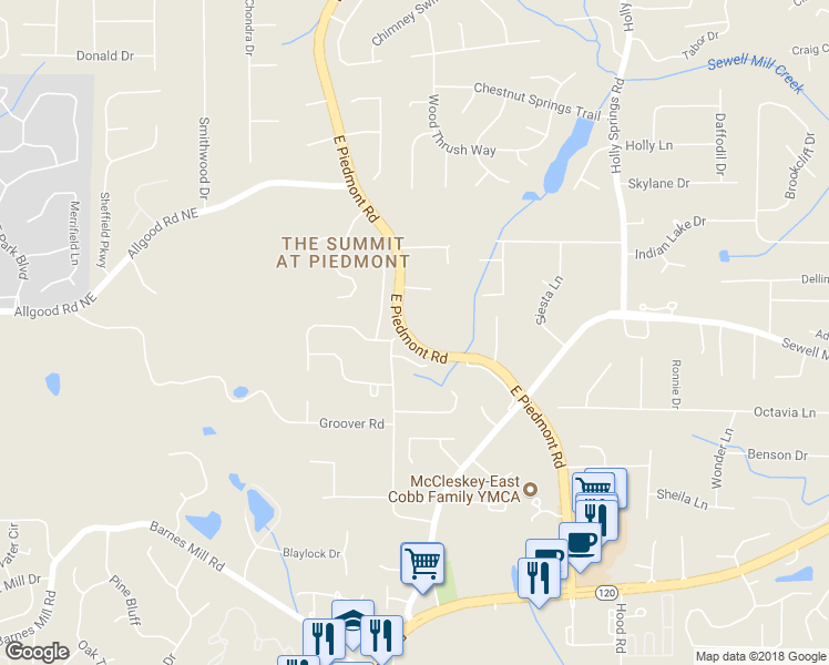 map of restaurants, bars, coffee shops, grocery stores, and more near 1310 East Piedmont Road in Marietta