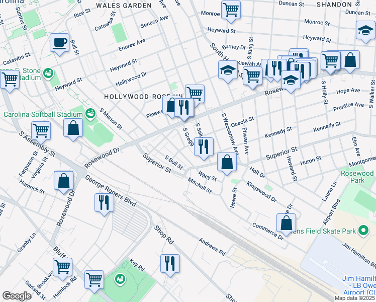 map of restaurants, bars, coffee shops, grocery stores, and more near 1814 Oceola St in Columbia